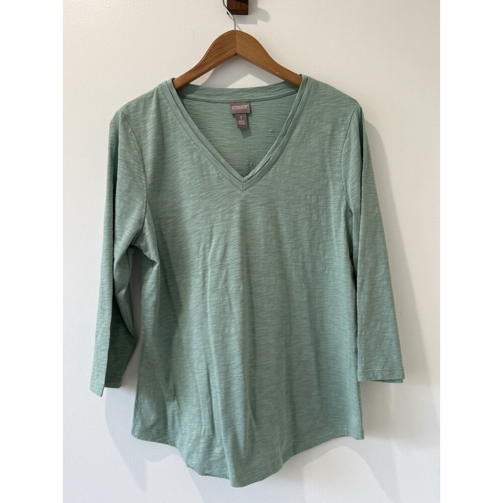 Chico's Womens T-Shirt Sage Green V Neck 3/4 Sleeve Cotton Top Sz 1 Casual